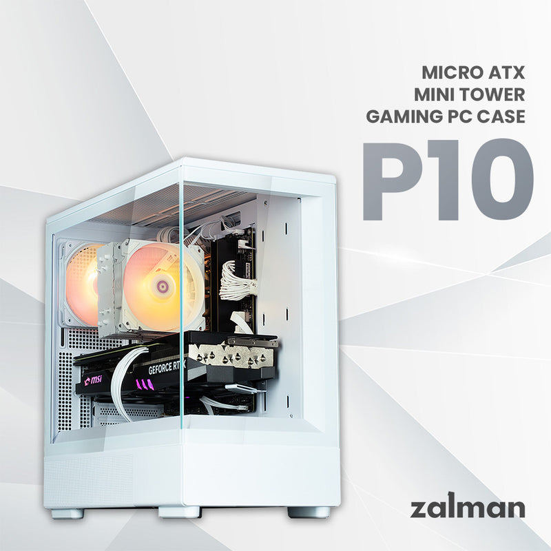 Zalman P10 mATX Mini-Tower PC Case, Panoramic Glass, 1 x PWM ARGB Fan - White