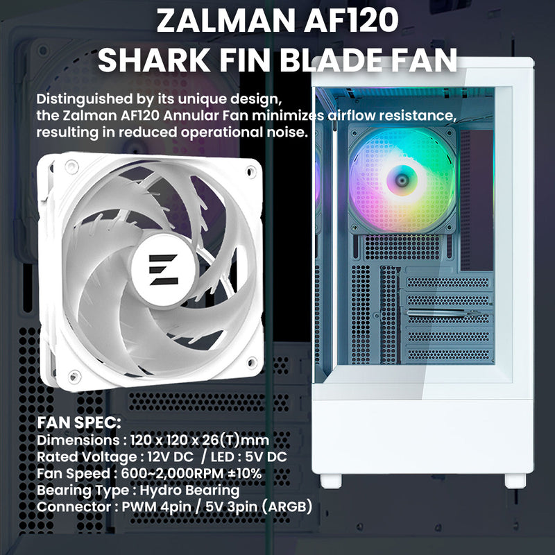 Zalman P10 mATX Mini-Tower PC Case, Panoramic Glass, 1 x PWM ARGB Fan - White