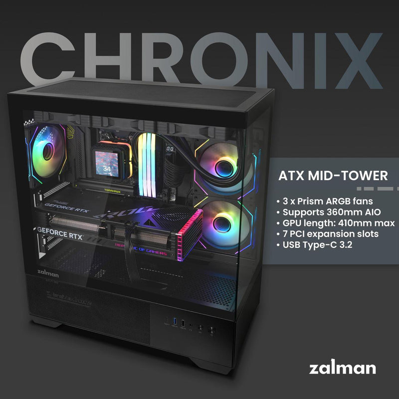 Zalman CHRONIX ATX Mid-Tower PC Case, 3 x Prism ARGB Fans Preinstalled, USB Type-C 3.2, Black