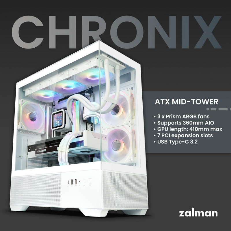Zalman CHRONIX ATX Mid-Tower PC Case, 3 x Prism ARGB Fans Preinstalled, USB Type-C 3.2, White