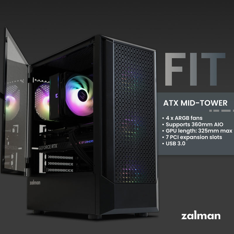 Zalman FIT Mid-Tower ATX Gaming PC Case - 4 x 120mm ARGB Fans Pre-Installed, Black