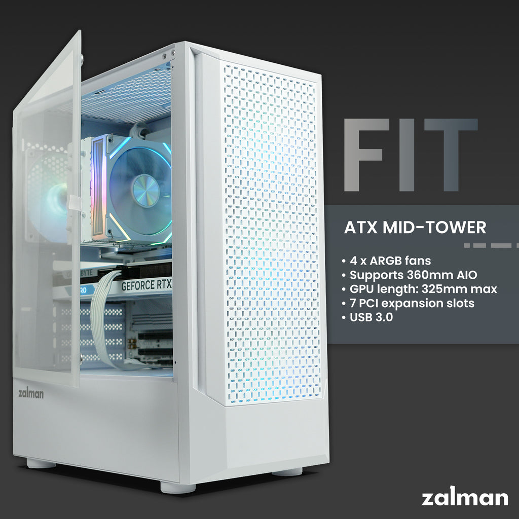 Zalman Zalman FIT Mid-Tower ATX Gaming PC Case - 4 x 120mm ARGB Fans Pre-Inst ...