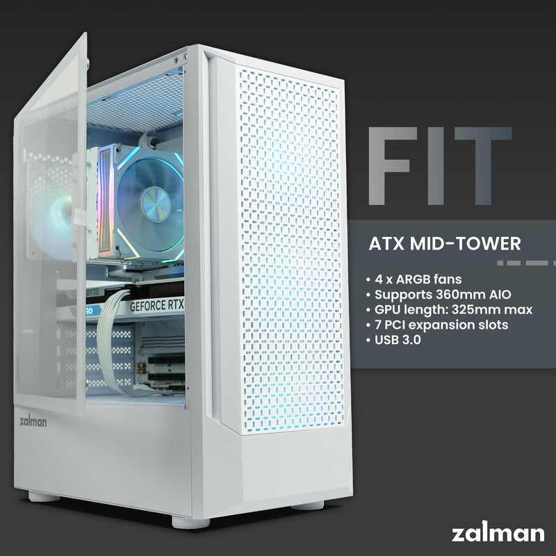 Zalman FIT Mid-Tower ATX Gaming PC Case - 4 x 120mm ARGB Fans Pre-Installed, White