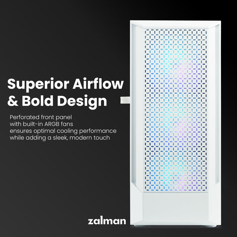 Zalman FIT Mid-Tower ATX Gaming PC Case - 4 x 120mm ARGB Fans Pre-Installed, White