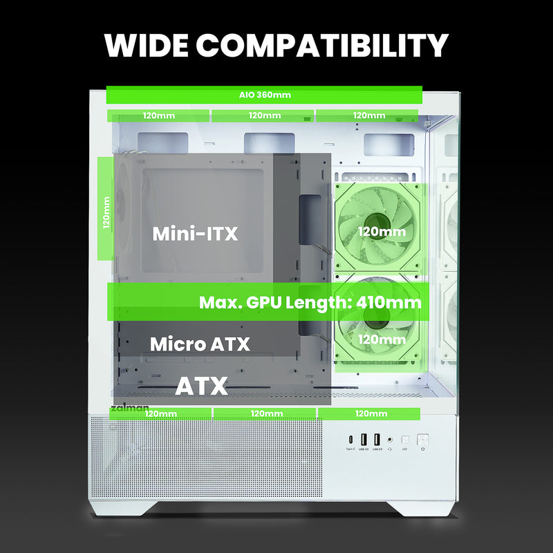 Zalman CHRONIX ATX Mid-Tower PC Case, 3 x Prism ARGB Fans Preinstalled, USB Type-C 3.2, White