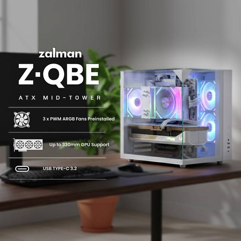 Zalman ZQBE ATX Mid-Tower PC Case, 3 x 120mm PWM ARGB Fans, White