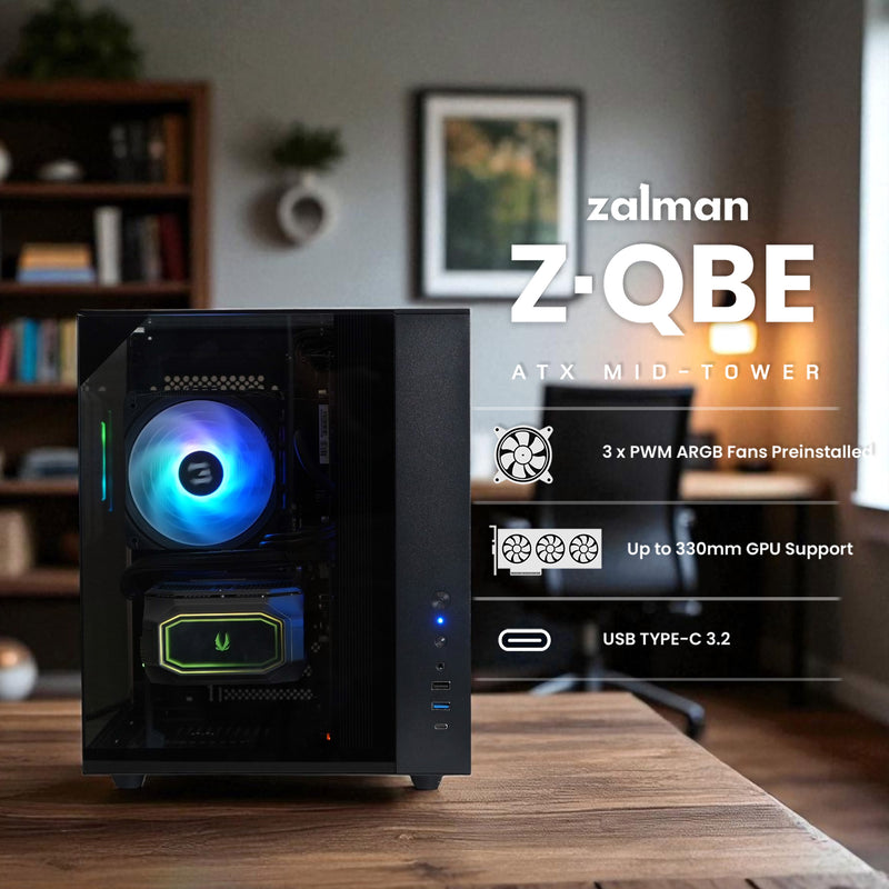 Zalman ZQBE ATX Mid-Tower PC Case, 3 x 120mm PWM ARGB Fans, Black