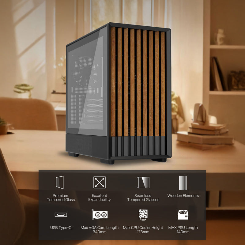 Zalman P10 NAMU mATX Mini Tower PC Case - Genuine Walnut Wood, Black