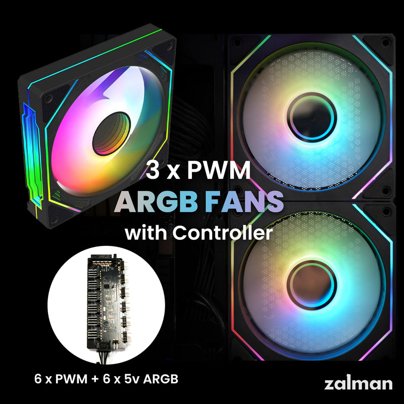 Zalman ZQBE ATX Mid-Tower PC Case, 3 x 120mm PWM ARGB Fans, Black