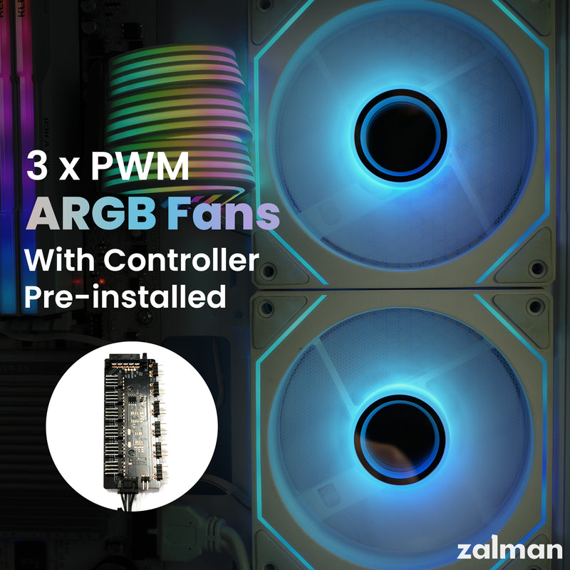 Zalman ZQBE ATX Mid-Tower PC Case, 3 x 120mm PWM ARGB Fans, White