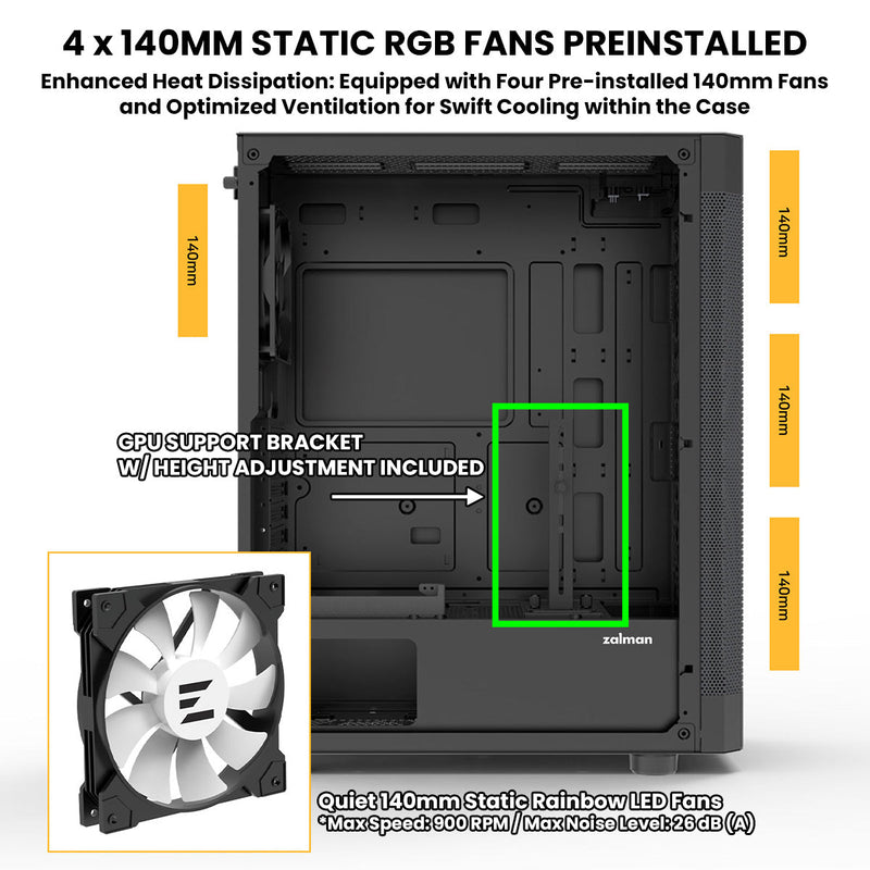 Zalman Zalman i4 TG ATX Gaming PC Case w/ 4 x 140mm Fixed RGB Fans Pre-Installed - Black