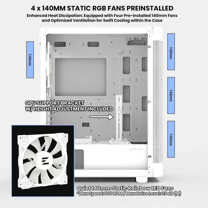 Zalman Zalman i4 TG ATX Gaming PC Case w/ 4 x 140mm Fixed RGB Fans Pre-Installed - White