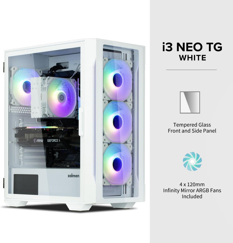 Zalman Zalman i3 Neo TG Mid-Tower PC Case w/ 4 x Infinity Mirror AGRB Fans - White