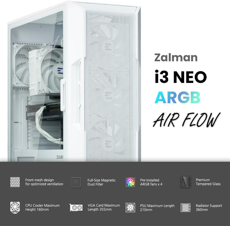 Zalman i3 ARGB Airflow ATX Mid-Tower Gaming PC Case - White