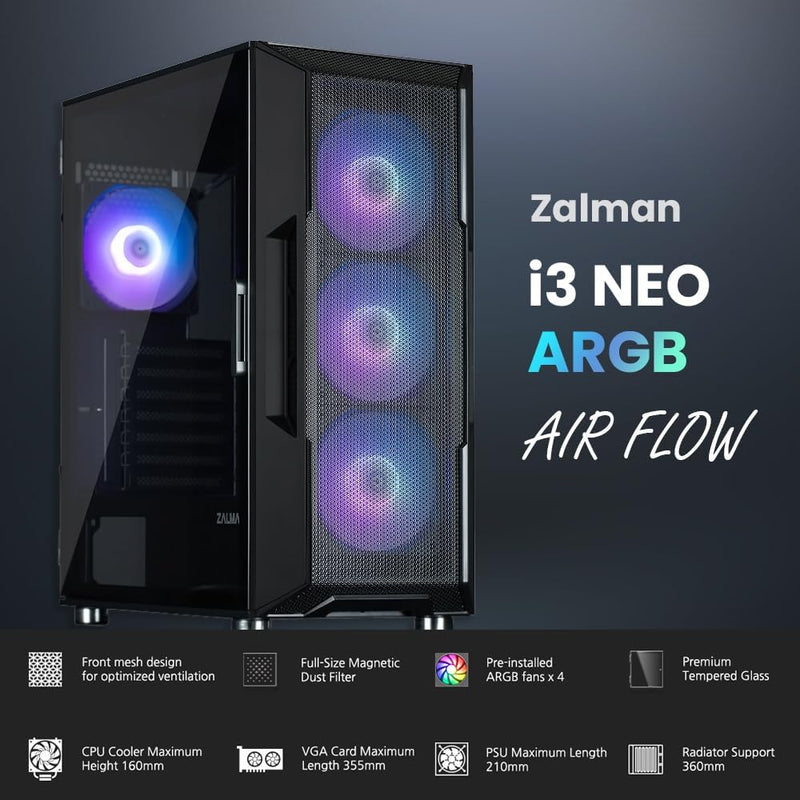 Zalman i3 ARGB Airflow ATX Mid-Tower Gaming PC Case - Black