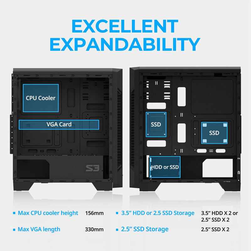 Zalman Zalman S3 ATX Mid-Tower PC Case 3 x Fans Pre-installed w/ Acrylic Side Panel
