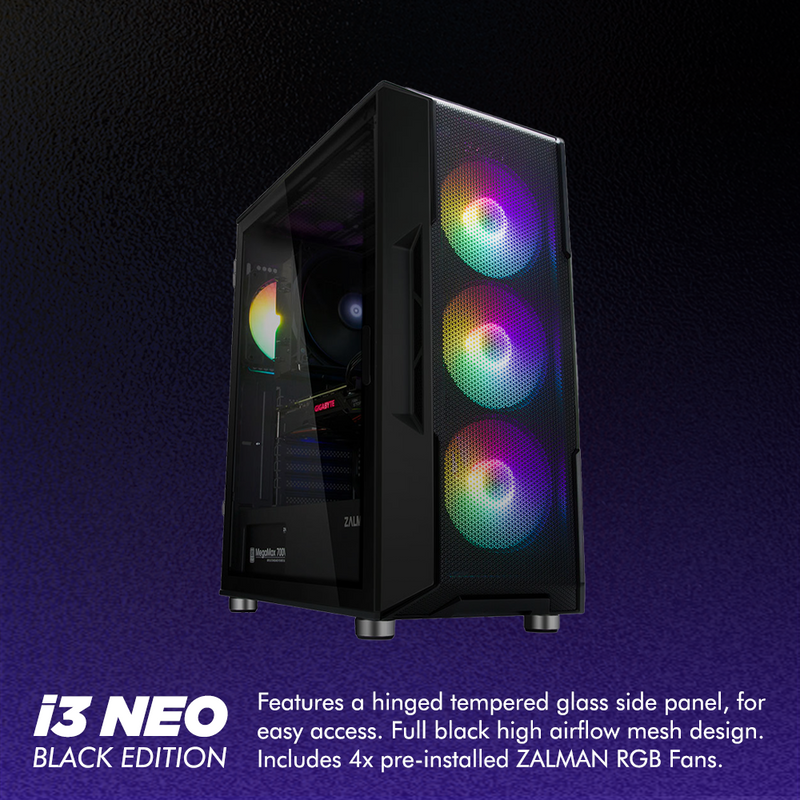 Zalman Zalman i3 Neo ATX Mid-Tower Gaming PC Case w/ Mesh Front & 4 x RGB Fans - Black