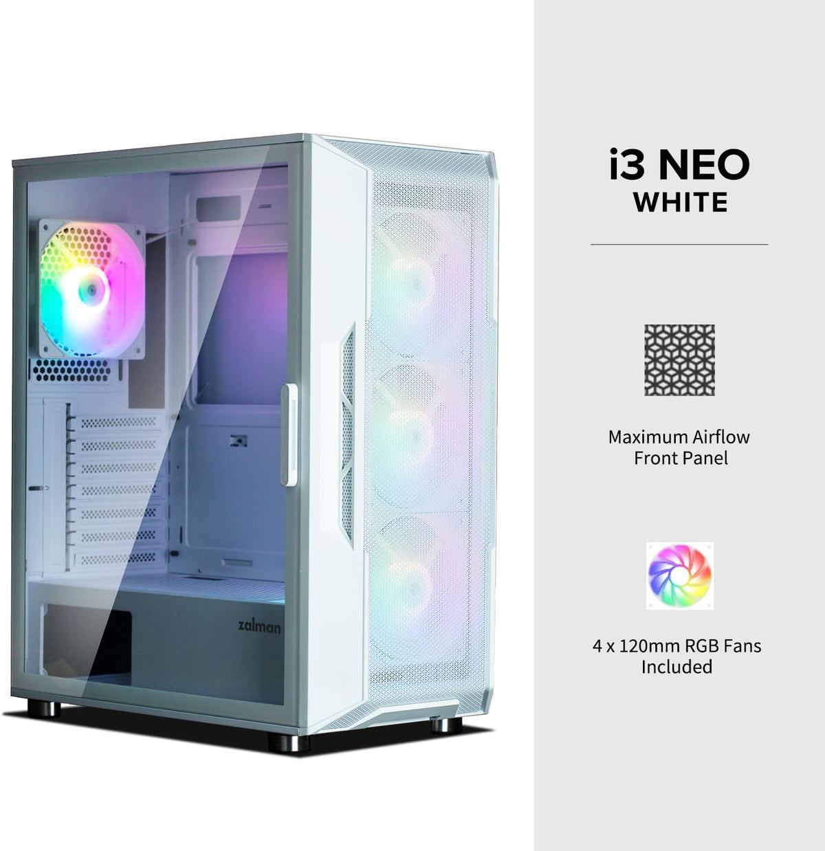 ZALMAN i3 NEO WHITE ATXケース Mesh_Front_4_x_RGB_Fans_-