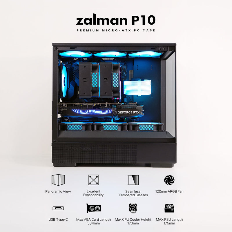 Zalman P10 mATX Gaming PC Case, Panoramic Glass, 1 x PWM ARGB Fan - Black