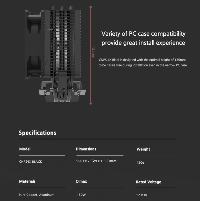 Zalman Zalman CNPS 4X Black Edition CPU Air Cooler, LGA1700 & AM5, 92mm Fan, 150W TDP