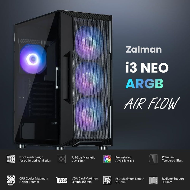 Zalman Zalman i3 ARGB Airflow ATX Mid-Tower Gaming PC Case - Black