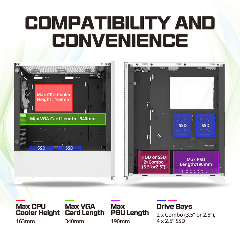 Zalman S5 ATX Mid-Tower Gaming PC Case w/ RGB Strip & 2 x Fans - White