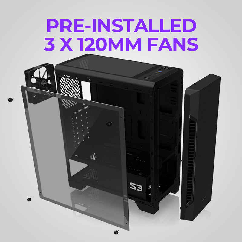 Zalman S3 TG ATX Mid-Tower PC Case 3 x Fans w/ Tempered Glass Side Panel